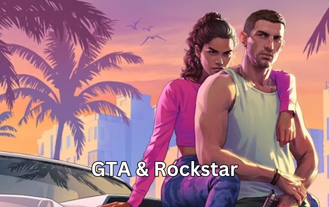 Two tense characters leaning on a car at sunset with palm trees and city skyline