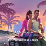 Two tense characters leaning on a car at sunset with palm trees and city skyline