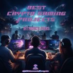 Three gamers at monitors playing futuristic crypto-themed space battle game together