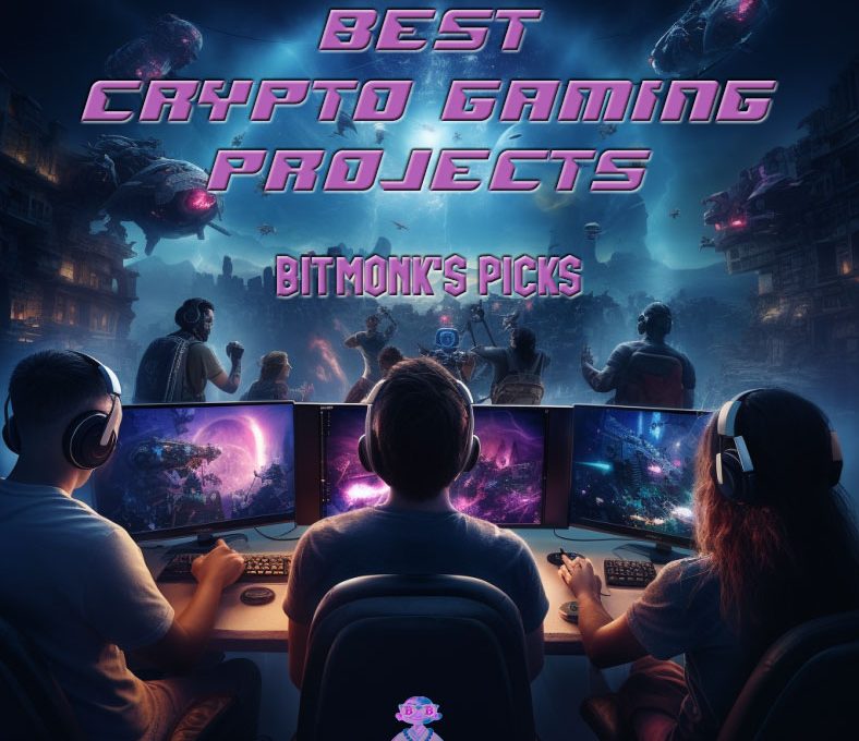 Three gamers at monitors playing futuristic crypto-themed space battle game together