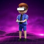 Cartoon person wearing VR headset and holding controller standing on neon grid landscape