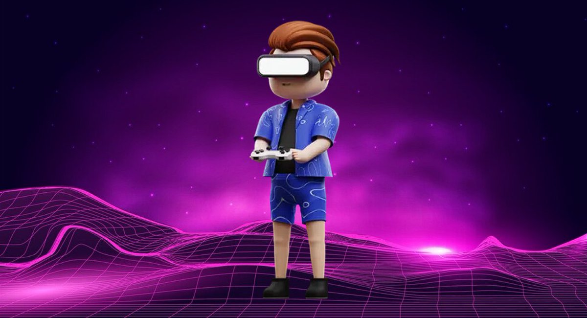 Cartoon person wearing VR headset and holding controller standing on neon grid landscape