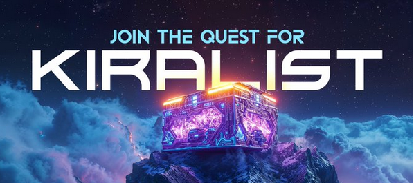 Futuristic glowing treasure chest atop a rocky peak under a starry sky, "KIRA LIST" headline