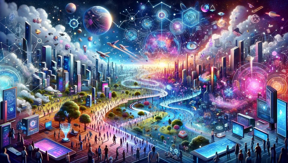 Futuristic cityscape with winding river, crowds, skyscrapers, planets, and glowing data networks