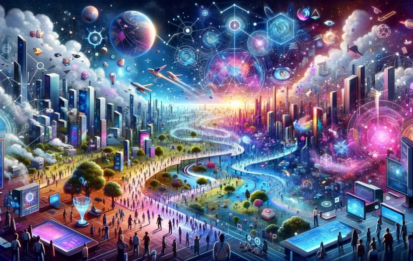 Futuristic cityscape with winding river, crowds, skyscrapers, planets, and glowing data networks