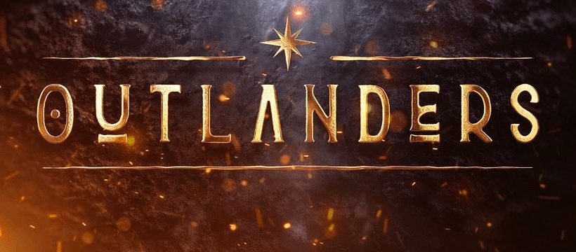 Golden metallic "OUTLANDERS" title with glowing embers and a star on dark background