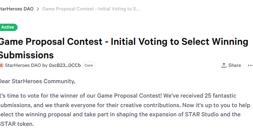 Web page showing StarHeroes DAO announcement titled "Game Proposal Contest - Initial Voting to Select Winning Submissions"