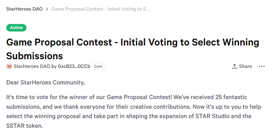 Web page showing StarHeroes DAO announcement titled "Game Proposal Contest - Initial Voting to Select Winning Submissions"