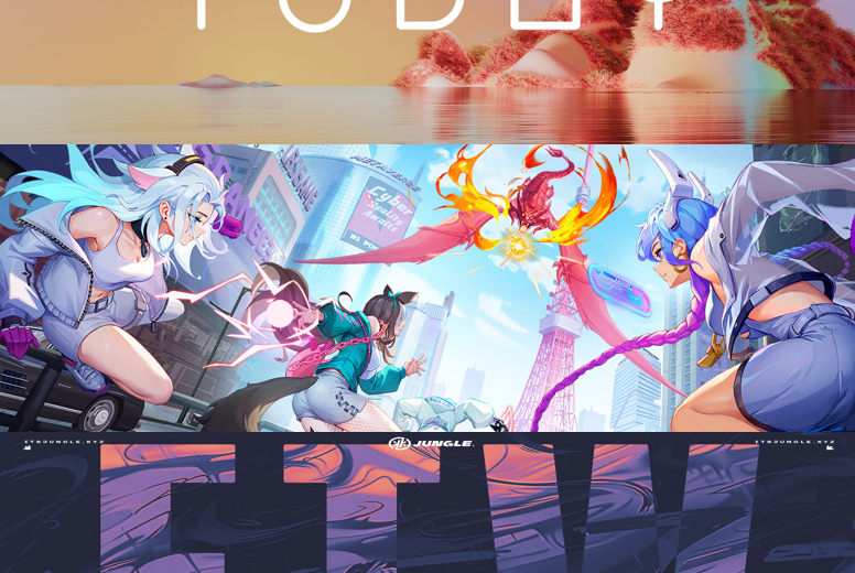 Three-panel poster with futuristic anime characters battling a fiery bird over a cityscape