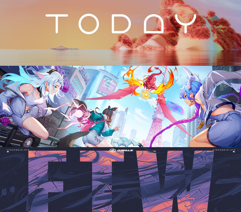 Three-panel poster with futuristic anime characters battling a fiery bird over a cityscape