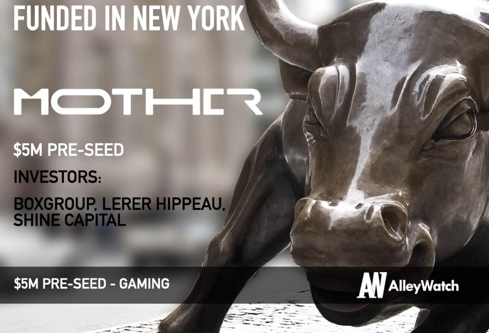 Bronze Charging Bull sculpture close-up with text about a New York startup funding.