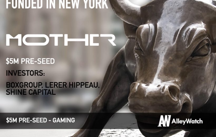 Bronze Charging Bull sculpture close-up with text about a New York startup funding.