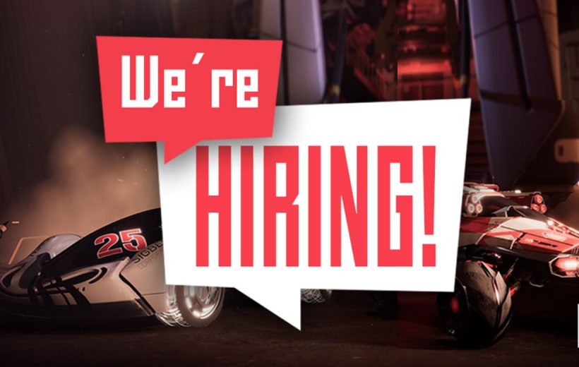 Large red and white "We're Hiring!" sign over futuristic vehicles in a dim hangar