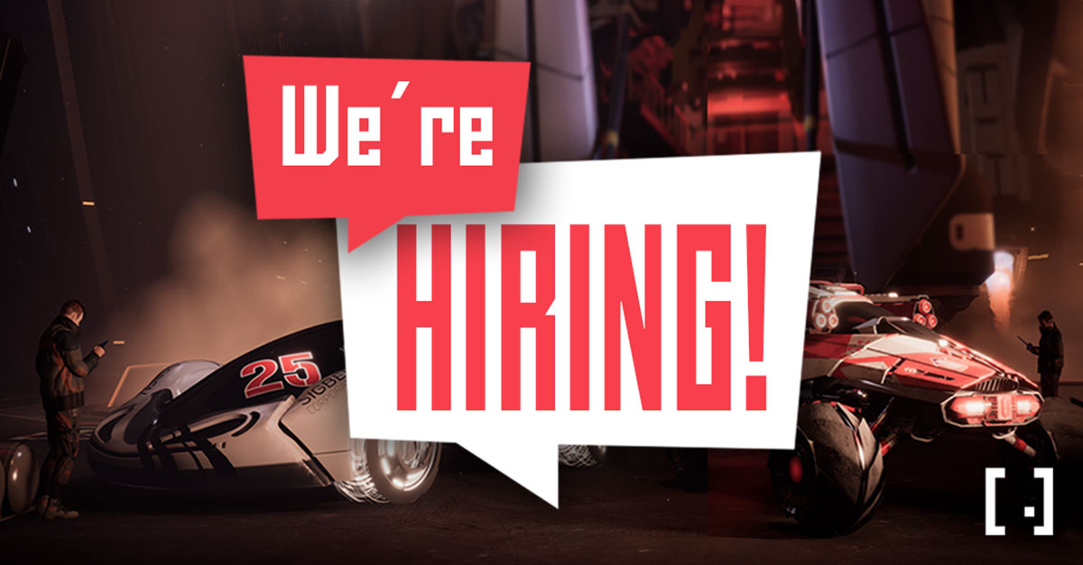 Large red and white "We're Hiring!" sign over futuristic vehicles in a dim hangar