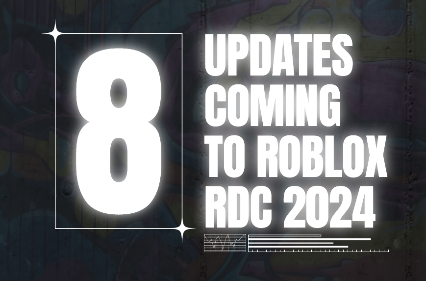 Large glowing "8" beside bold text reading "Updates coming to Roblox RDC 2024."
