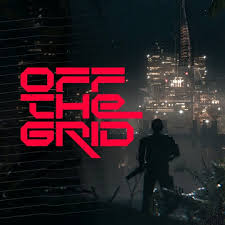 Silhouetted armed figure overlooking a lit industrial platform with red "OFF THE GRID" text