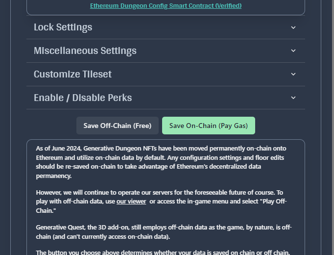 Dark UI panel showing Generative Dungeon #207 on-chain/off-chain configuration and save buttons