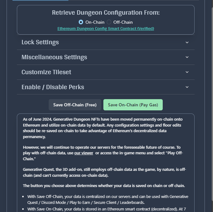 Dark UI panel showing Generative Dungeon #207 on-chain/off-chain configuration and save buttons