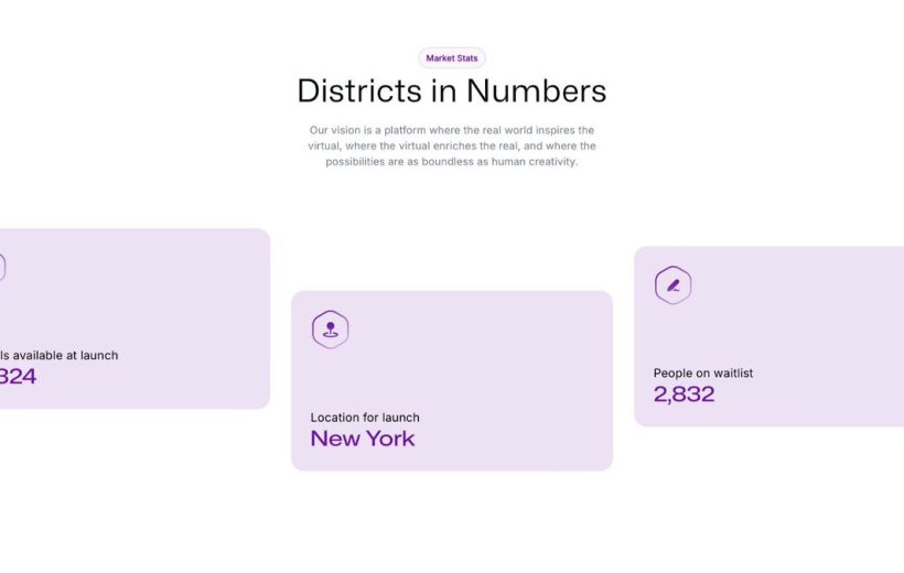 Website section titled "Districts in Numbers" with three lavender statistic cards showing launch data.