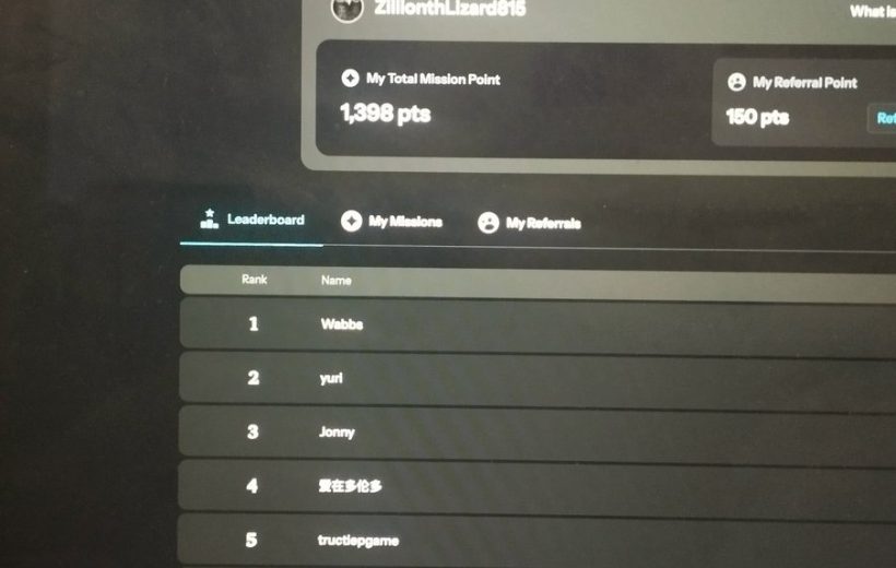 Leaderboard webpage showing user ranked 148th with 1,398 mission points displayed