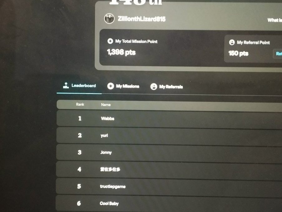 Leaderboard webpage showing user ranked 148th with 1,398 mission points displayed