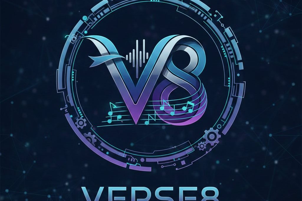 Stylized Verse8 logo with musical notes, waveform and futuristic circular tech frame