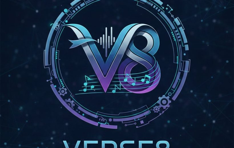 Stylized Verse8 logo with musical notes, waveform and futuristic circular tech frame
