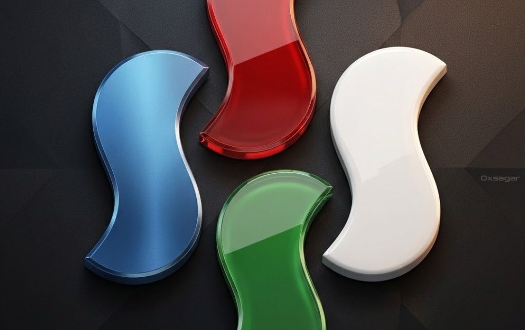 Four glossy, curved S-shaped tiles in red, blue, green, and white on dark background