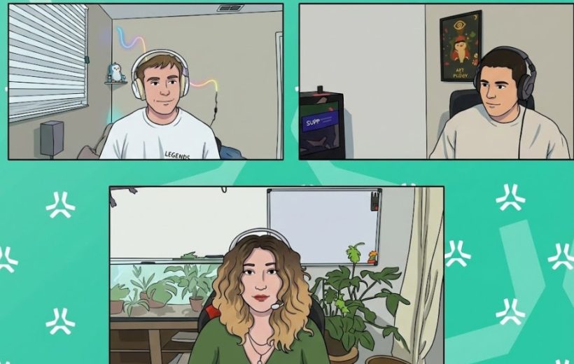 Three people on a virtual meeting call in home rooms with plants and headsets