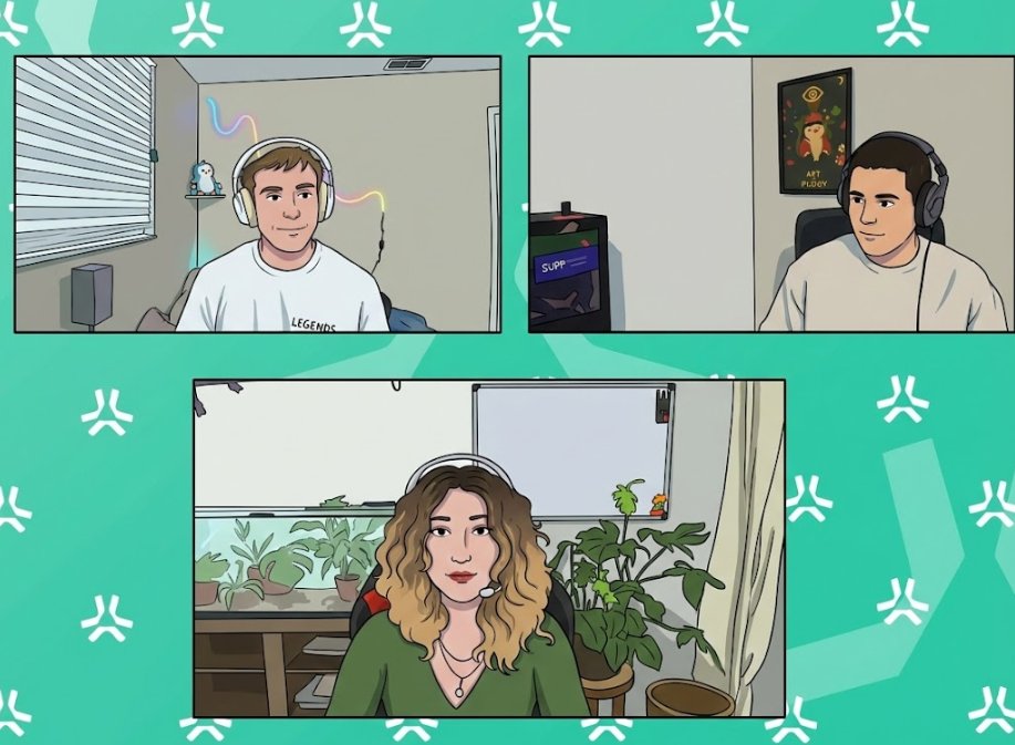 Three people on a virtual meeting call in home rooms with plants and headsets
