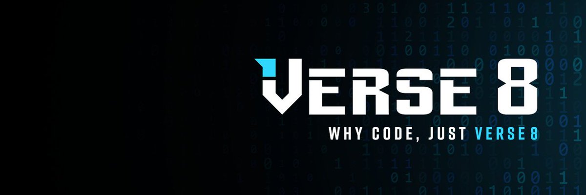 VERSE8 logo and tagline "Why code, just VERSE8" against a dark binary code background