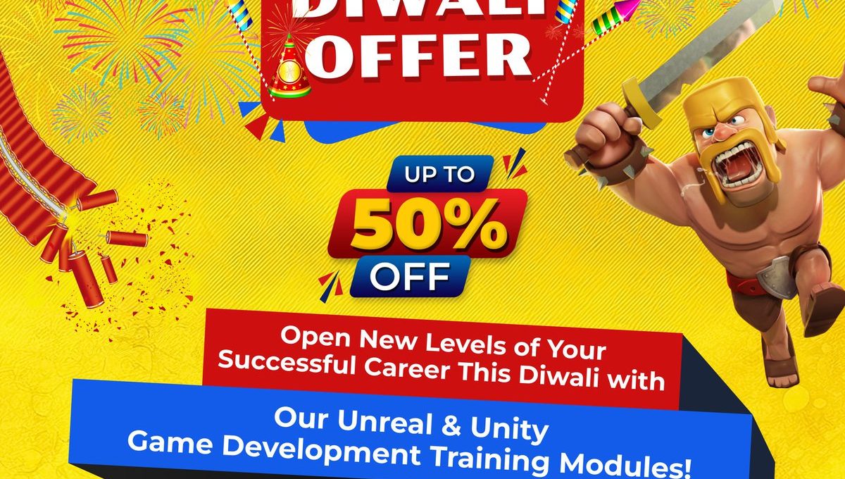 Colorful Diwali offer banner advertising up to 50% off game development training.