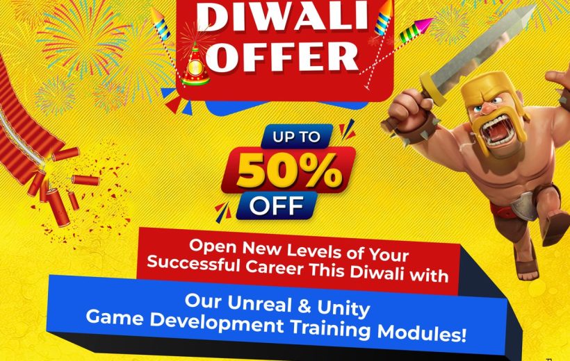 Colorful Diwali offer banner advertising up to 50% off game development training.