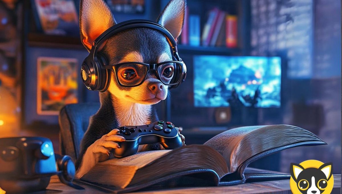 Small dog wearing headphones and glasses playing video game controller over open book