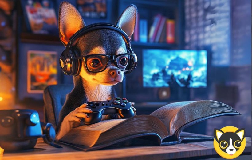 Small dog wearing headphones and glasses playing video game controller over open book