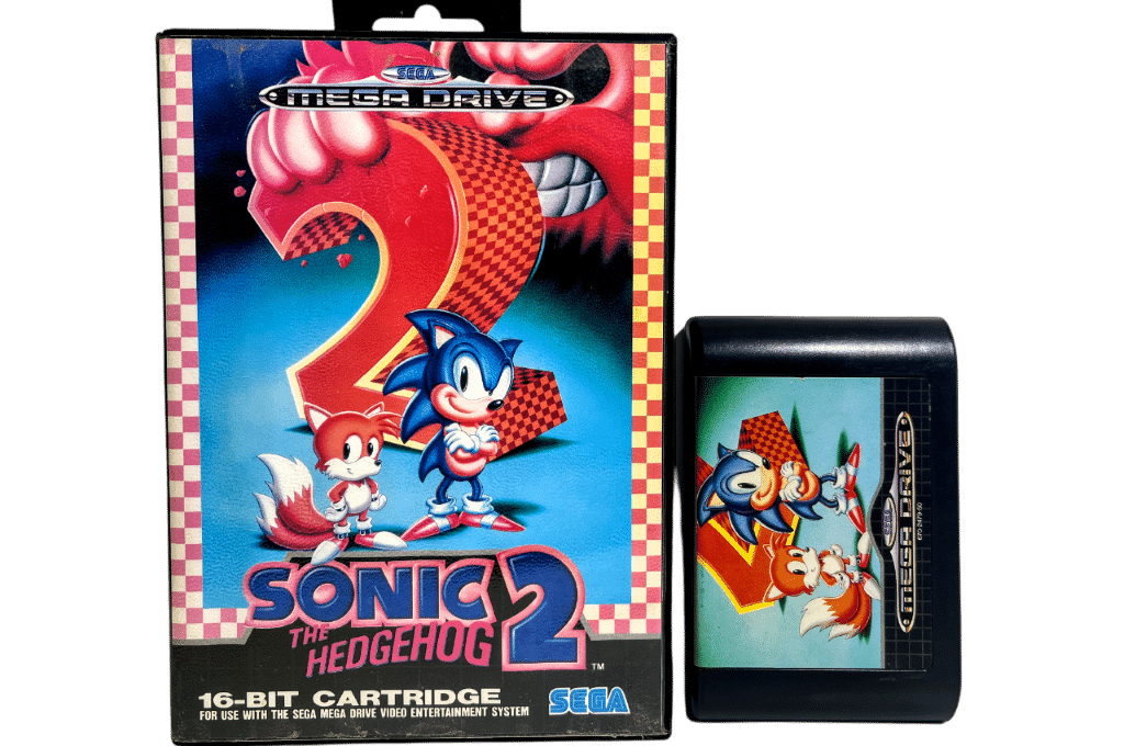 Sonic the Hedgehog 2 box and cartridge featuring Sonic and Tails artwork stacked side-by-side