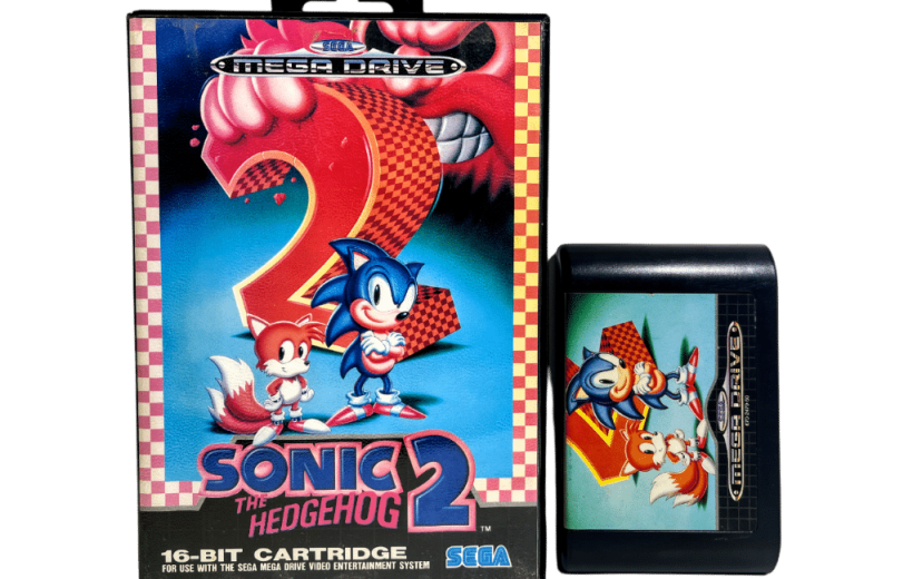 Sonic the Hedgehog 2 box and cartridge featuring Sonic and Tails artwork stacked side-by-side