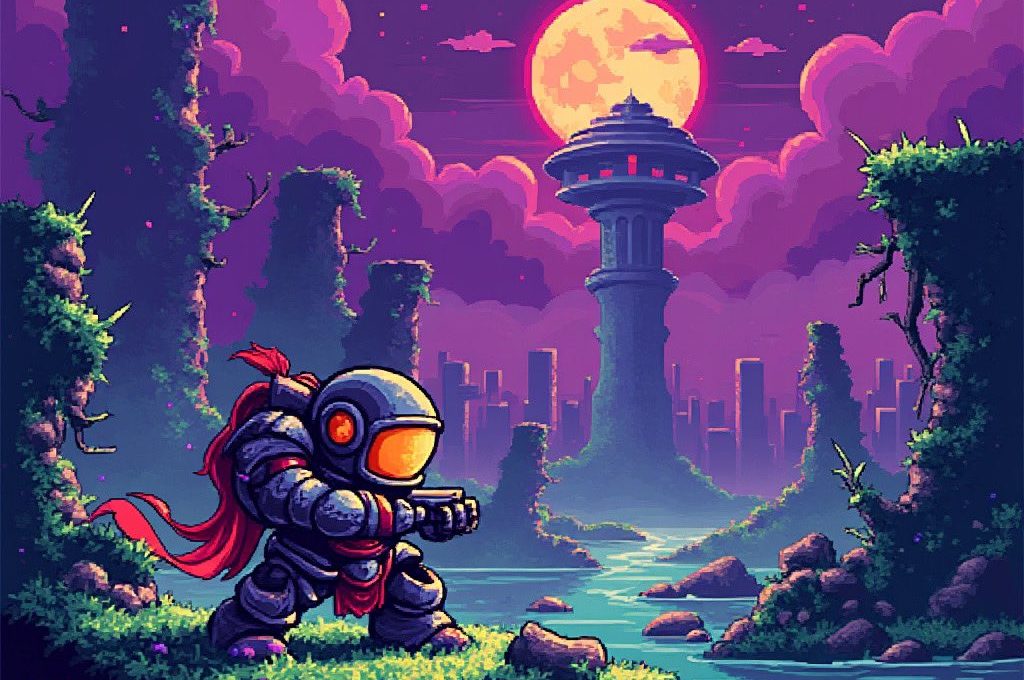 Pixel art astronaut with red scarf aiming weapon near river, moonlit futuristic tower backdrop