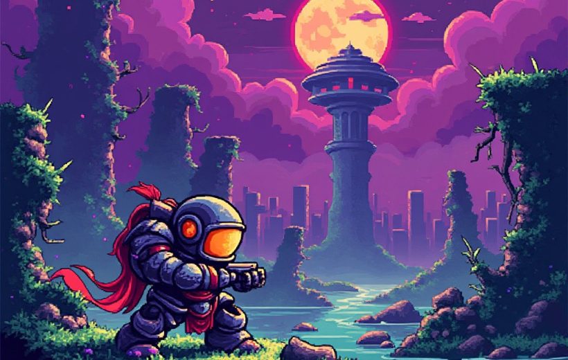 Pixel art astronaut with red scarf aiming weapon near river, moonlit futuristic tower backdrop