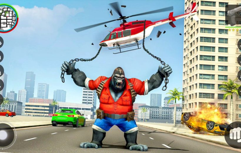 Gorilla superhero in red shirt lifting a helicopter with chained hands on highway