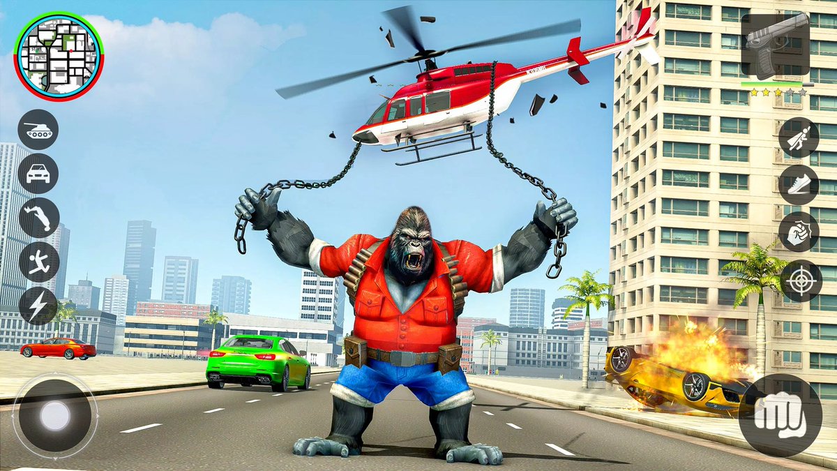 Gorilla superhero in red shirt lifting a helicopter with chained hands on highway