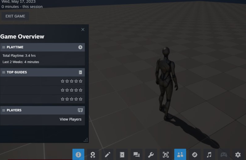 Third-person humanoid character walking on tiled plane with game overlay panel visible
