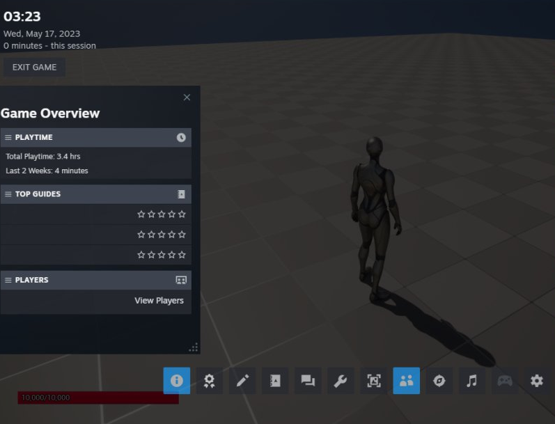 Third-person humanoid character walking on tiled plane with game overlay panel visible