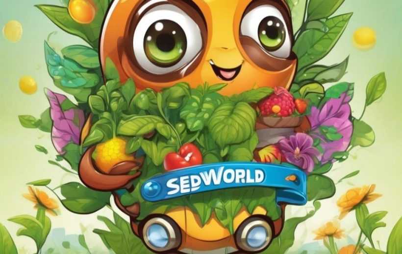 Cute round orange character covered in leaves and fruits holding a "SedWorld" sign