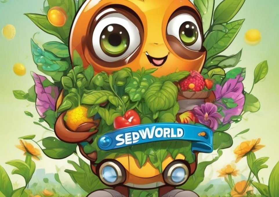 Cute round orange character covered in leaves and fruits holding a "SedWorld" sign