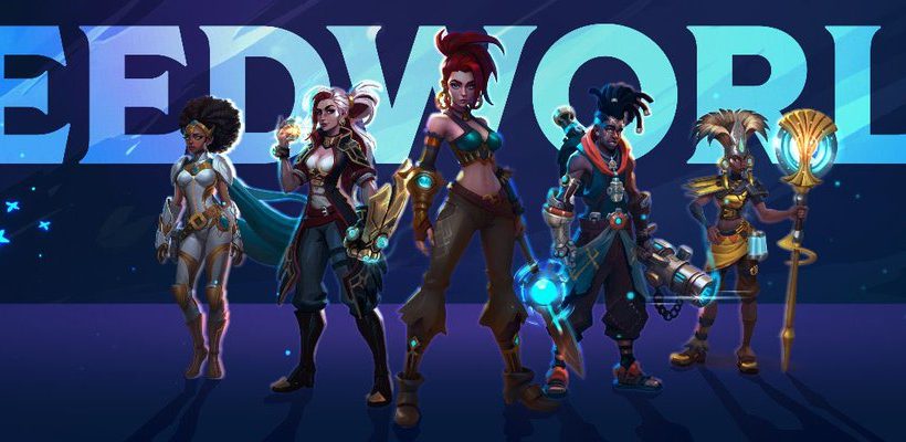 Six diverse fantasy heroes standing confidently before large stylized "SEEDWORLD" title banner