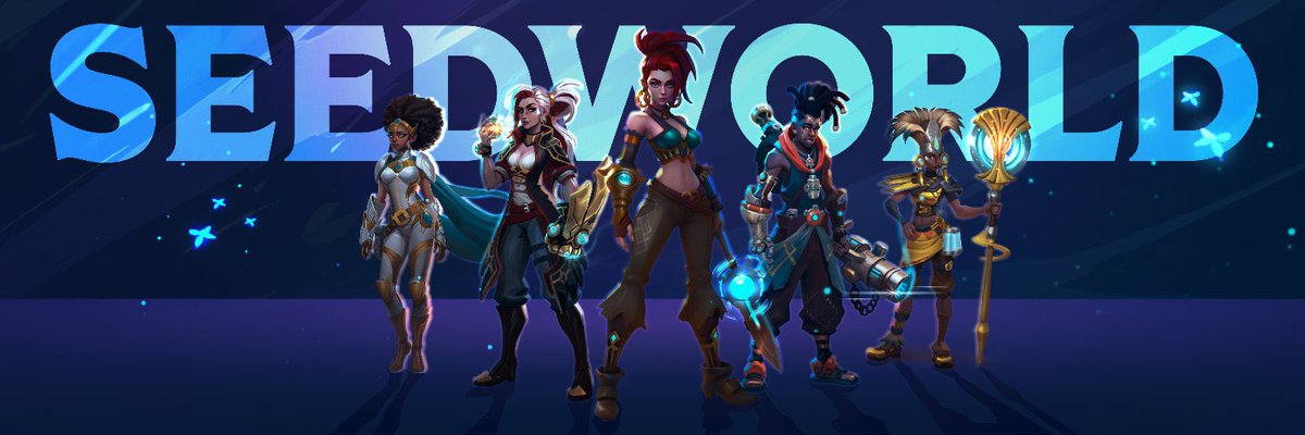 Six diverse fantasy heroes standing confidently before large stylized "SEEDWORLD" title banner