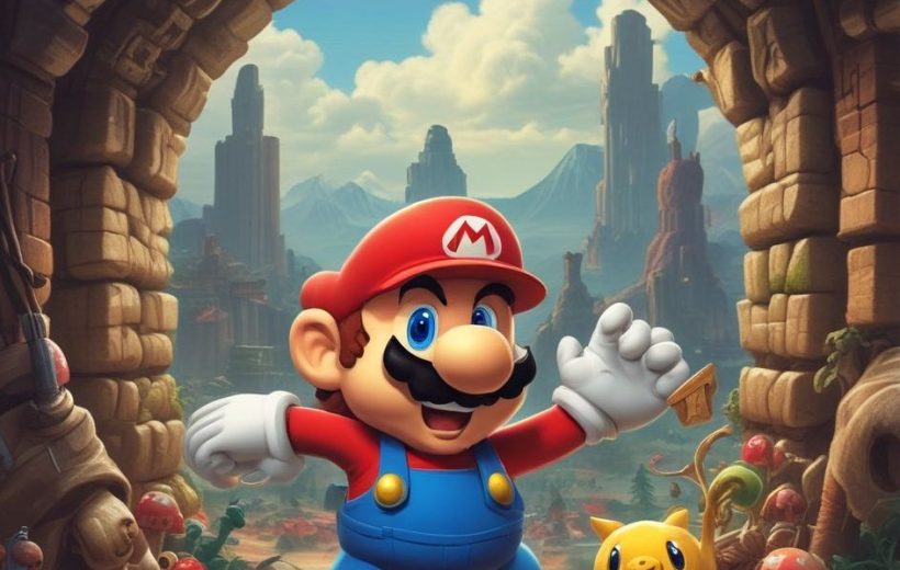 Mario in red hat and overalls waving inside a stone arch with fantasy landscape