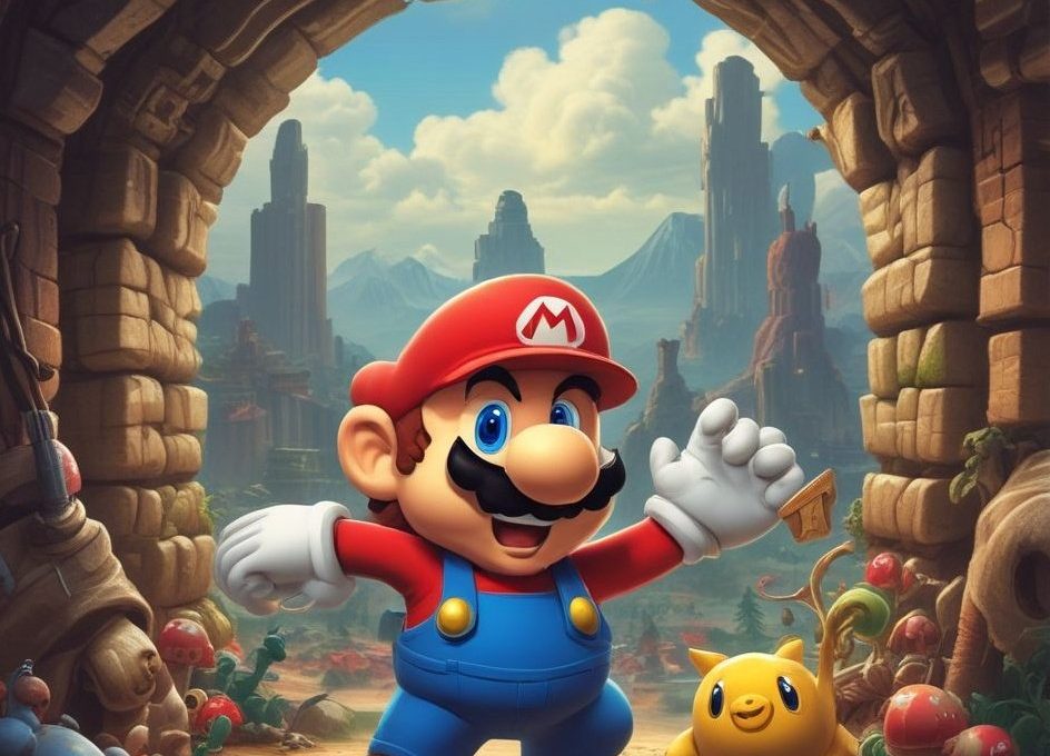 Mario in red hat and overalls waving inside a stone arch with fantasy landscape