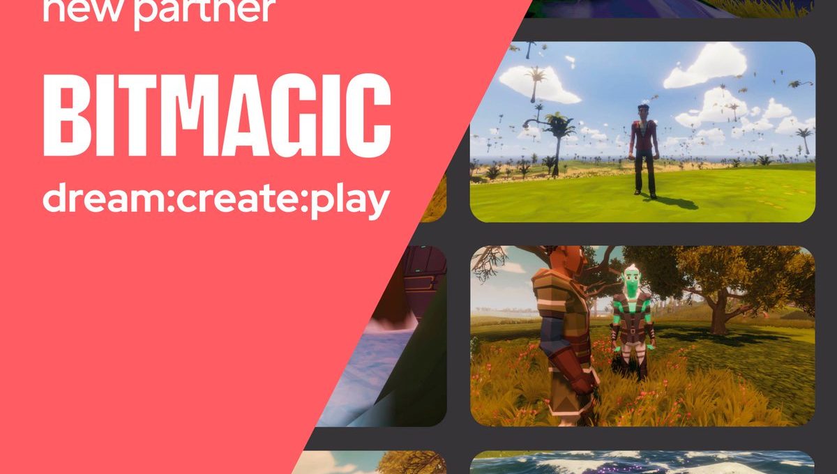 Promotional graphic announcing Bitmagic partnership with game screenshots and tagline dream:create:play